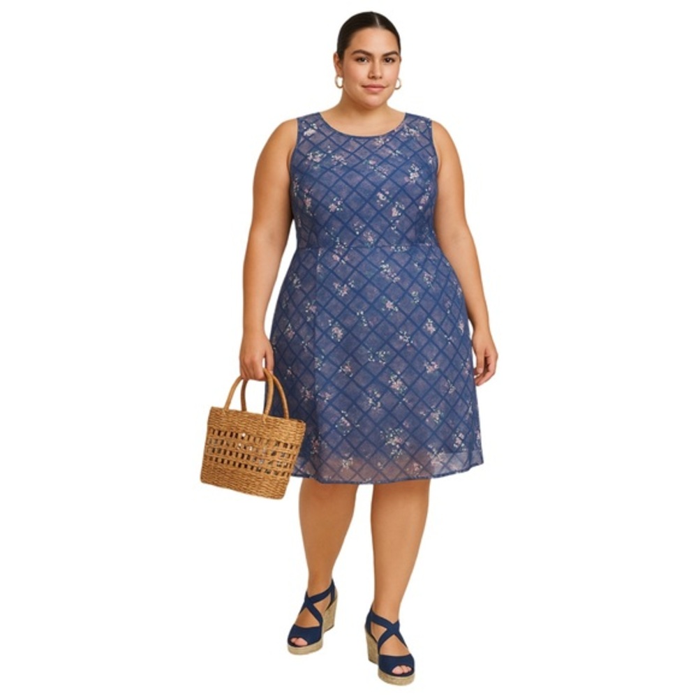 eShakti Navy & Floral Lattice Pattern Fit and Flare Dress